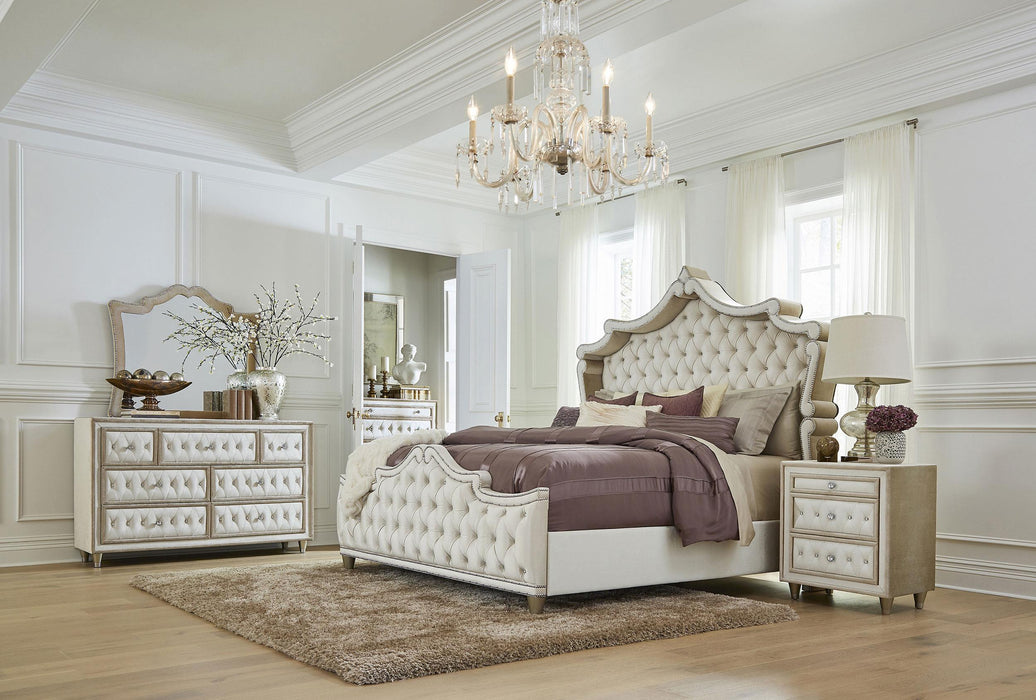 Antonella 5-Piece California King Upholstered Tufted Bedroom Set Ivory and Camel image